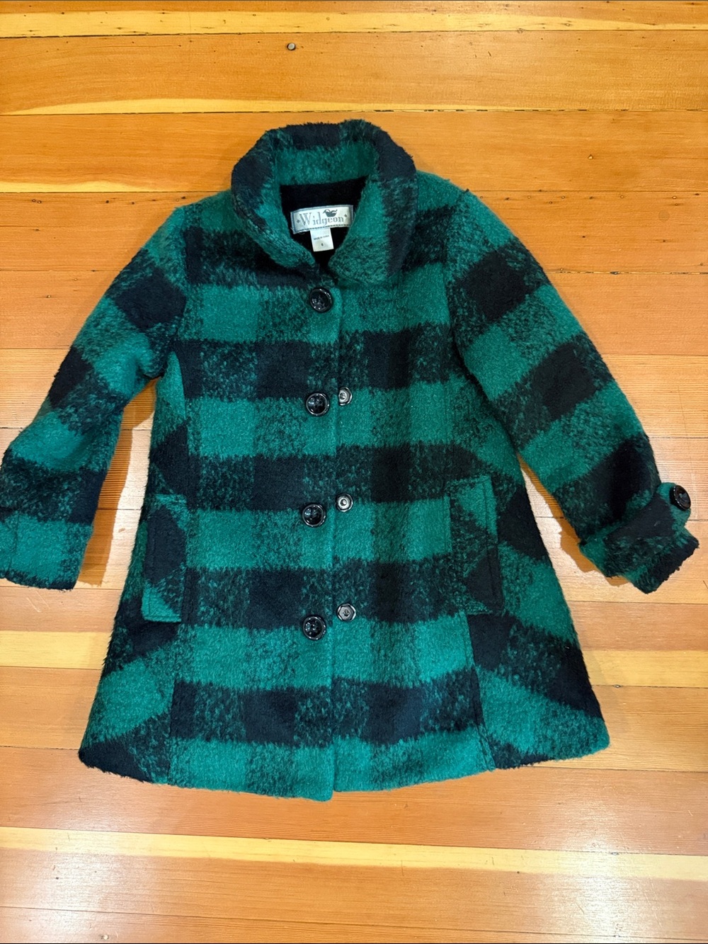 Widgeon Kids' Button A-line Coat in Green Black Plaid